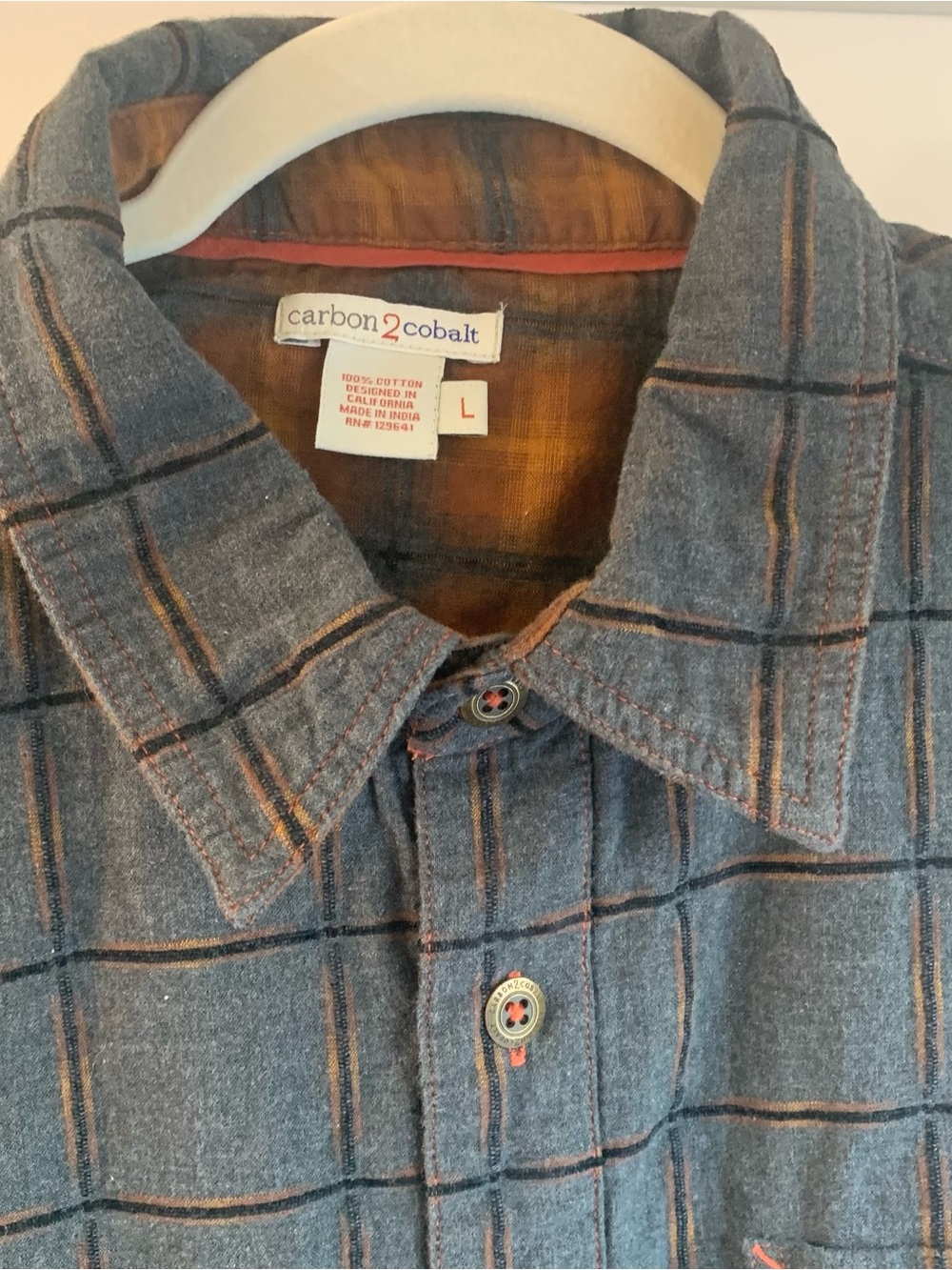 Carbon2Cobalt Gray Plaid Button-Down Shirt Men's Large Orange Accent - Picture 3 of 6